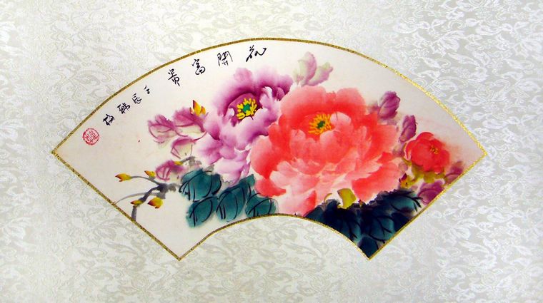 牡丹画 扇形国画牡丹- 第一字画网Powered by Hishop
